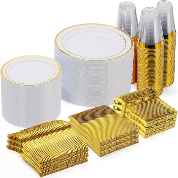 Goodluck 600 Pieces Gold Disposable Plates for 100 Guests, Plastic Plates for Party, Dinnerware Set of 100 Dinner Plates, 100 Salad Plates, 100 Spoons, 100 Forks, 100 Knives, 100 Cups