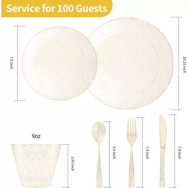 Goodluck 600 Pieces Gold Disposable Plates for 100 Guests, Plastic Plates for Party, Dinnerware Set of 100 Dinner Plates, 100 Salad Plates, 100 Spoons, 100 Forks, 100 Knives, 100 Cups