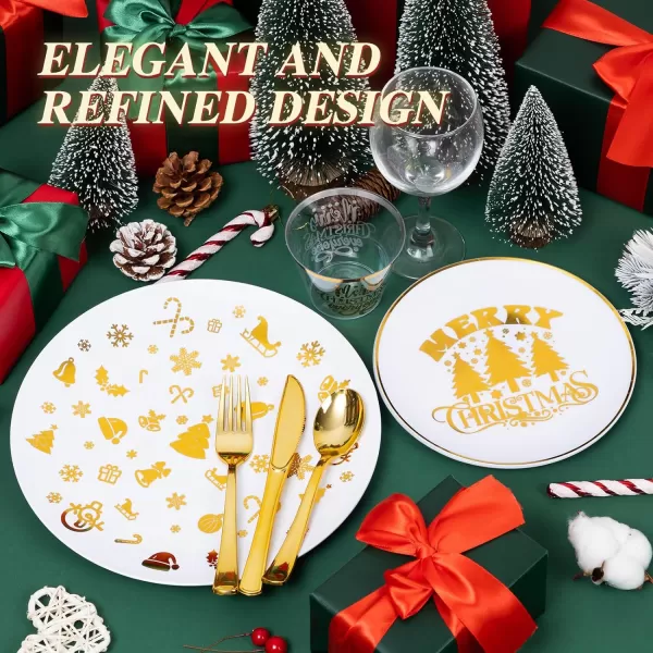 Goodluck 600 Pieces Gold Disposable Plates for 100 Guests, Plastic Plates for Party, Dinnerware Set of 100 Dinner Plates, 100 Salad Plates, 100 Spoons, 100 Forks, 100 Knives, 100 Cups)