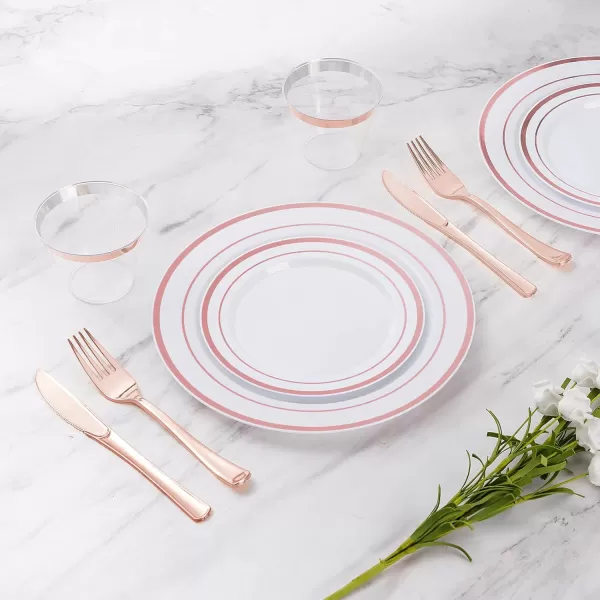 Goodluck 600 Pieces Gold Disposable Plates for 100 Guests, Plastic Plates for Party, Dinnerware Set of 100 Dinner Plates, 100 Salad Plates, 100 Spoons, 100 Forks, 100 Knives, 100 Cups