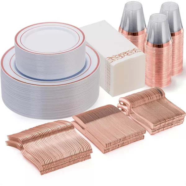 Goodluck 700 Piece Rose Gold Dinnerware Set for 100 Guests, Plastic Plates Disposable for Party, Include: 100 Dinner Plates, 100 Dessert Plates, 100 Paper Napkins, 100 Cups, 100 Silverware Set