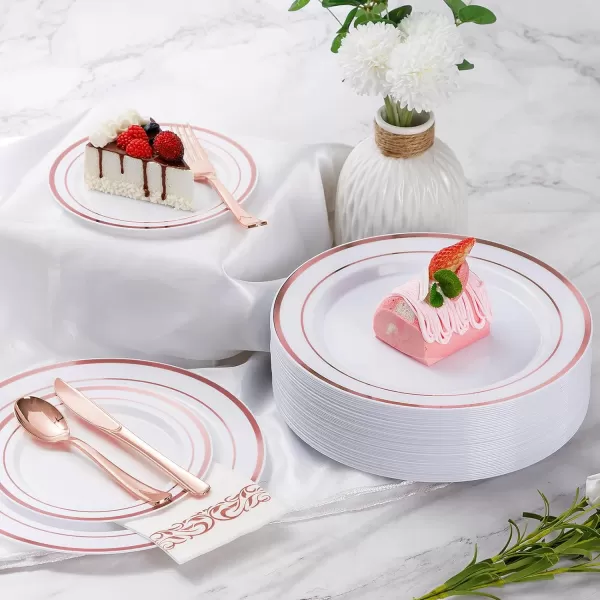 Goodluck 700 Piece Rose Gold Dinnerware Set for 100 Guests, Plastic Plates Disposable for Party, Include: 100 Dinner Plates, 100 Dessert Plates, 100 Paper Napkins, 100 Cups, 100 Silverware Set