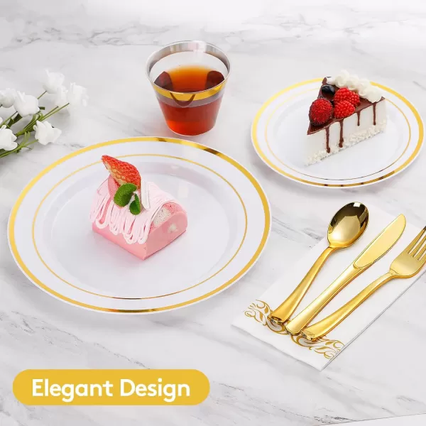 Goodluck 700 Piece Rose Gold Dinnerware Set for 100 Guests, Plastic Plates Disposable for Party, Include: 100 Dinner Plates, 100 Dessert Plates, 100 Paper Napkins, 100 Cups, 100 Silverware Set