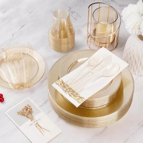 Goodluck 700 Piece Rose Gold Dinnerware Set for 100 Guests, Plastic Plates Disposable for Party, Include: 100 Dinner Plates, 100 Dessert Plates, 100 Paper Napkins, 100 Cups, 100 Silverware Set