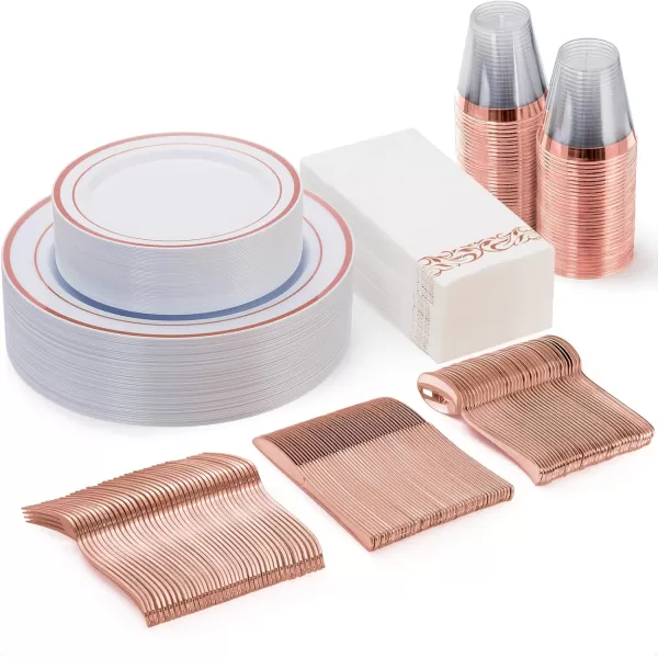 Goodluck 700 Piece Rose Gold Dinnerware Set for 100 Guests, Plastic Plates Disposable for Party, Include: 100 Dinner Plates, 100 Dessert Plates, 100 Paper Napkins, 100 Cups, 100 Silverware Set