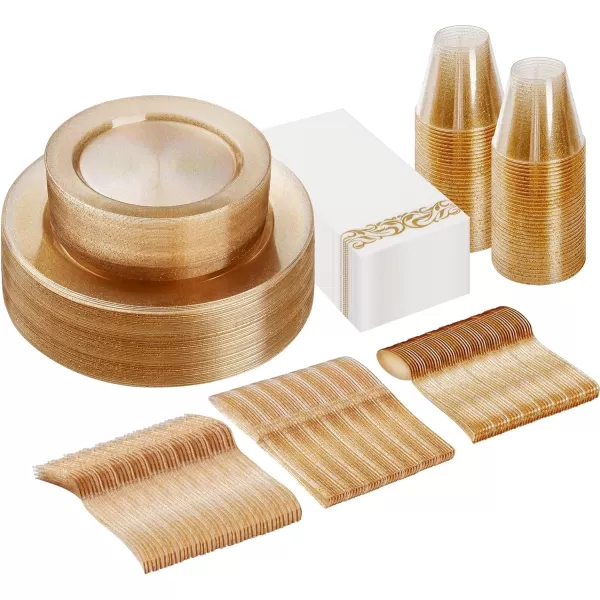 Goodluck 700 Piece Rose Gold Dinnerware Set for 100 Guests, Plastic Plates Disposable for Party, Include: 100 Dinner Plates, 100 Dessert Plates, 100 Paper Napkins, 100 Cups, 100 Silverware Set