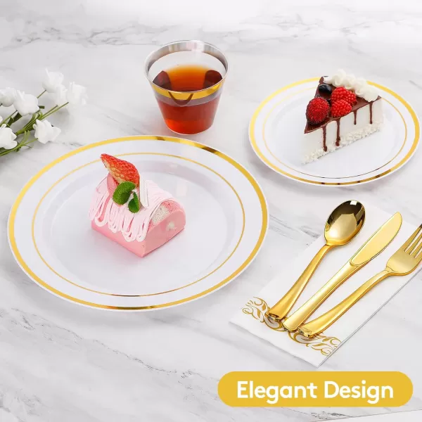Goodluck 700 Piece Rose Gold Dinnerware Set for 100 Guests, Plastic Plates Disposable for Party, Include: 100 Dinner Plates, 100 Dessert Plates, 100 Paper Napkins, 100 Cups, 100 Silverware Set