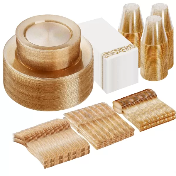 Goodluck 700 Piece Rose Gold Dinnerware Set for 100 Guests, Plastic Plates Disposable for Party, Include: 100 Dinner Plates, 100 Dessert Plates, 100 Paper Napkins, 100 Cups, 100 Silverware Set