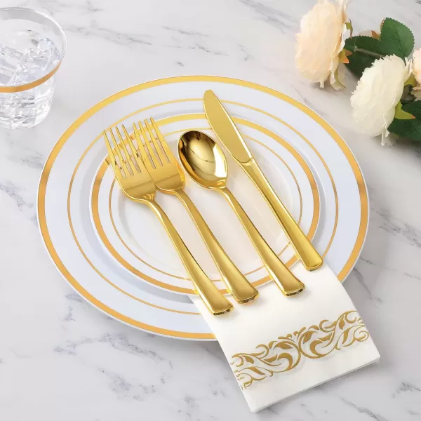 Goodluck 700 Piece Rose Gold Dinnerware Set for 100 Guests, Plastic Plates Disposable for Party, Include: 100 Dinner Plates, 100 Dessert Plates, 100 Paper Napkins, 100 Cups, 100 Silverware Set