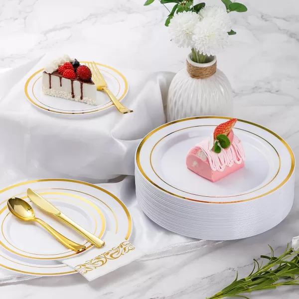 Goodluck 700 Piece Rose Gold Dinnerware Set for 100 Guests, Plastic Plates Disposable for Party, Include: 100 Dinner Plates, 100 Dessert Plates, 100 Paper Napkins, 100 Cups, 100 Silverware Set