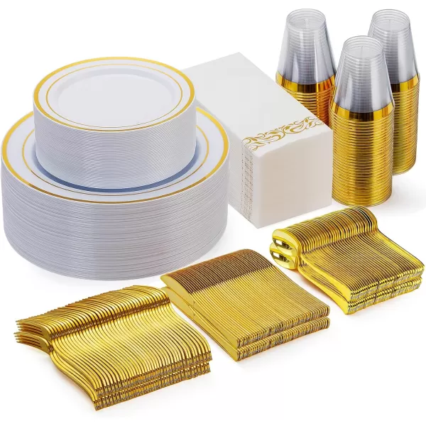 Goodluck 700 Piece Rose Gold Dinnerware Set for 100 Guests, Plastic Plates Disposable for Party, Include: 100 Dinner Plates, 100 Dessert Plates, 100 Paper Napkins, 100 Cups, 100 Silverware Set