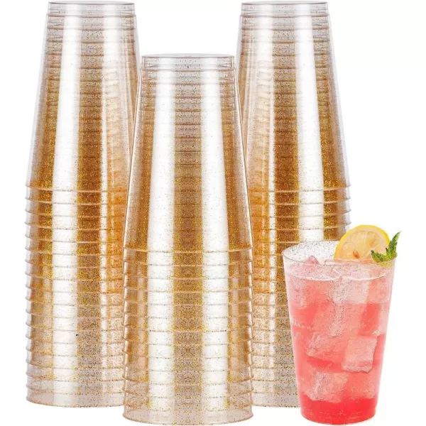 200PCS 9oz Glitter Plastic Cups for Party, Disposable Gold Cups, Plastic Cocktail Glasses for Wedding Thanksgiving, Christmas, and Parties