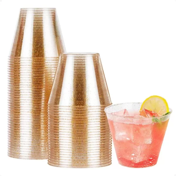 200PCS 9oz Glitter Plastic Cups for Party, Disposable Gold Cups, Plastic Cocktail Glasses for Wedding Thanksgiving, Christmas, and Parties