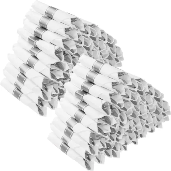 Goodluck 100 Pack Pre Rolled Gold Plastic Silverware, Wrapped Plastic Cutlery Set with Napkin Include 100 Forks, 100 Knives, 100 Spoons and 100 Napkins, Disposable Silverware for Party, Wedding