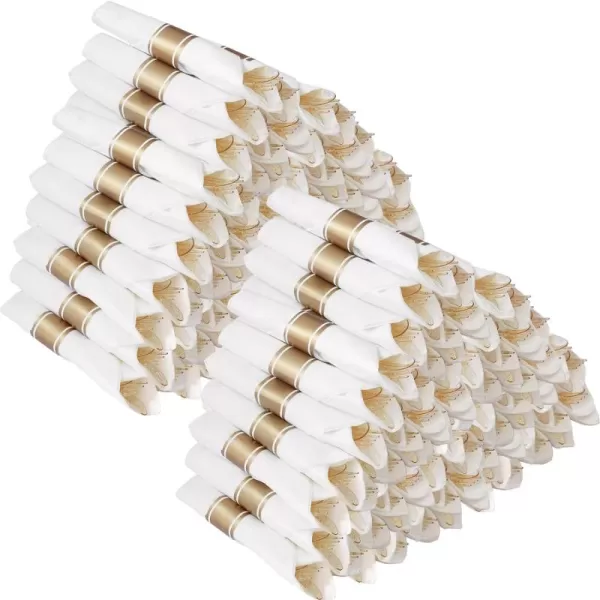 Goodluck 100 Pack Pre Rolled Gold Plastic Silverware, Wrapped Plastic Cutlery Set with Napkin Include 100 Forks, 100 Knives, 100 Spoons and 100 Napkins, Disposable Silverware for Party, Wedding