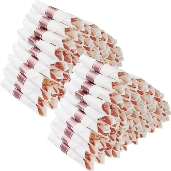 Goodluck 100 Pack Pre Rolled Gold Plastic Silverware, Wrapped Plastic Cutlery Set with Napkin Include 100 Forks, 100 Knives, 100 Spoons and 100 Napkins, Disposable Silverware for Party, Wedding