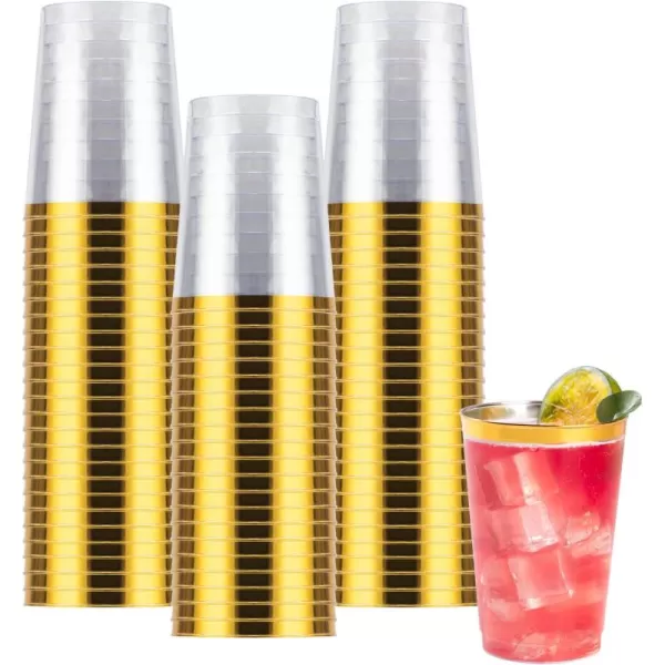 Goodluck 100PCS 9oz Gold Plastic Cups for Party, Disposable Gold Rim Cups, Plastic Cocktail Glasses for Wedding Thanksgiving, Christmas, and Parties