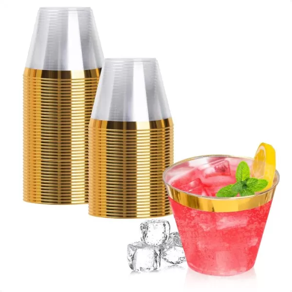 Goodluck 100PCS 9oz Gold Plastic Cups for Party, Disposable Gold Rim Cups, Plastic Cocktail Glasses for Wedding Thanksgiving, Christmas, and Parties