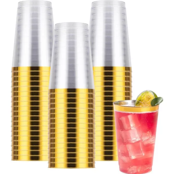 Goodluck 100PCS 9oz Gold Plastic Cups for Party, Disposable Gold Rim Cups, Plastic Cocktail Glasses for Wedding Thanksgiving, Christmas, and Parties