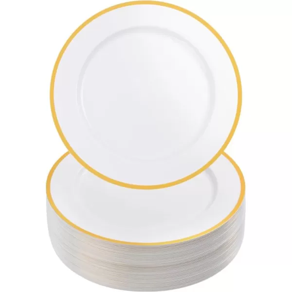 Goodluck 12-Inch Charger Plates, 50 Pack White Charger Plates with Gold Trim, Gold Chargers for Dinner Plates, Plastic Charger Plates Bulk for Dinner, Wedding, Party, Event Table Decoration