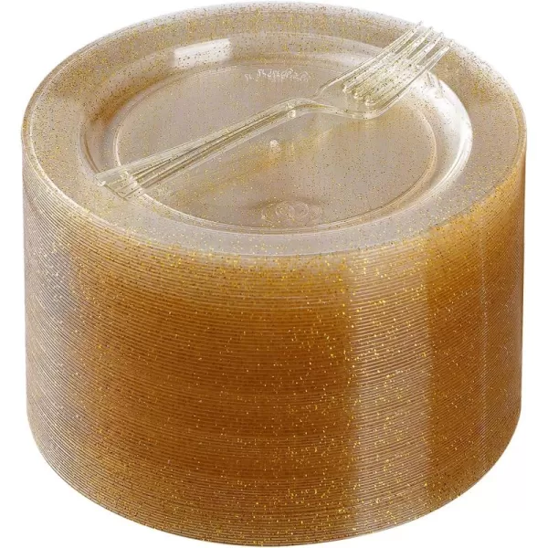 Goodluck 120PCS Plastic Dessert Plates 6.3" with 120 Plastic Forks 5.7", Gold Glitter Disposable Plates for 120 Guests, Heavy Duty Plastic Plates for Party, Appetizer Plates for Wedding