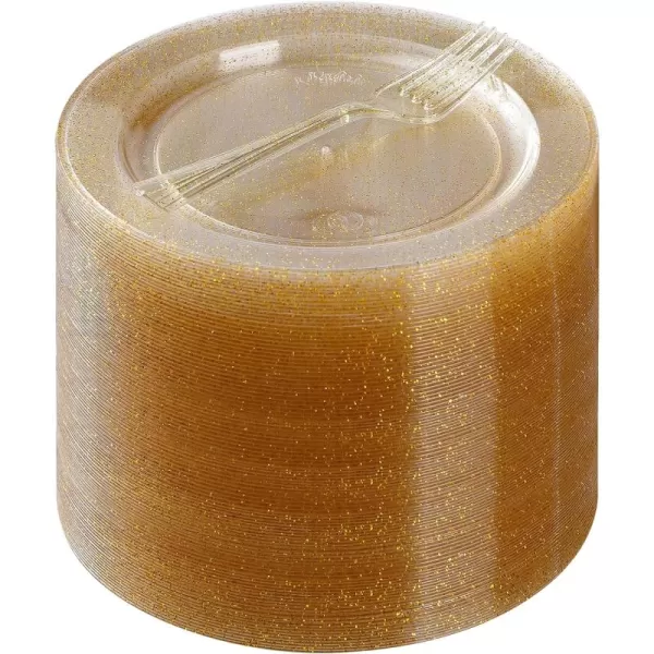 Goodluck 120PCS Plastic Dessert Plates 6.3" with 120 Plastic Forks 5.7", Gold Glitter Disposable Plates for 120 Guests, Heavy Duty Plastic Plates for Party, Appetizer Plates for Wedding