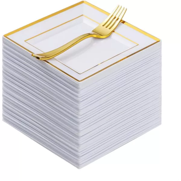 Goodluck 240PCS Gold Glitter Plates with Plastic Forks, Gold Dessert Plates for 120 Guests, Heavy Duty Disposable Plates for Party, Including 120 7" Plastic Plates and 120 7.4" Plastic Forks