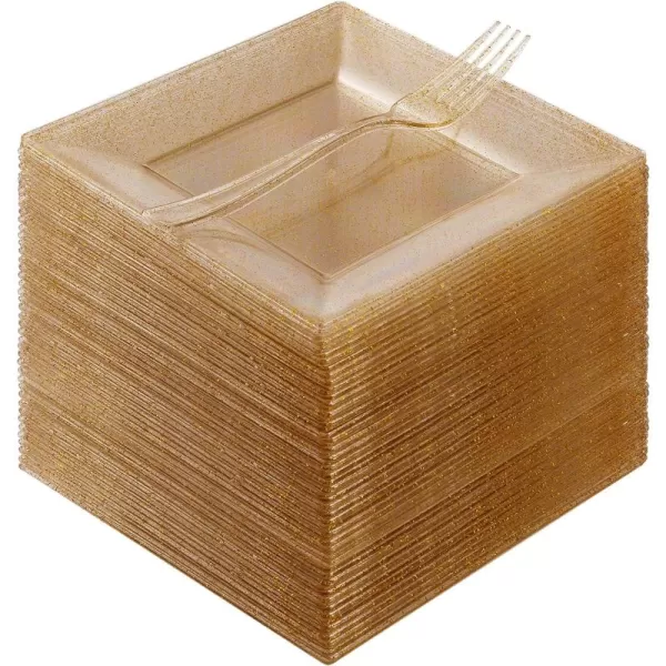Goodluck 240PCS Gold Glitter Plates with Plastic Forks, Gold Dessert Plates for 120 Guests, Heavy Duty Disposable Plates for Party, Including 120 7" Plastic Plates and 120 7.4" Plastic Forks