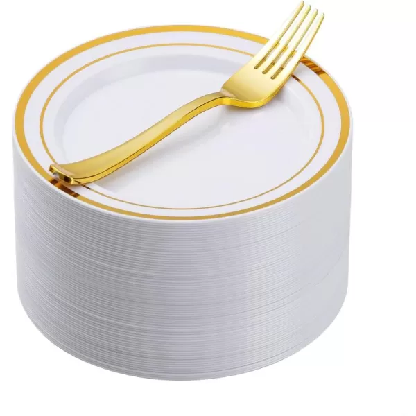 Goodluck 240PCS Gold Glitter Plates with Plastic Forks, Gold Dessert Plates for 120 Guests, Heavy Duty Disposable Plates for Party, Including 120 7" Plastic Plates and 120 7.4" Plastic Forks