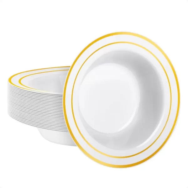 Goodluck 25 Pack Plastic Bowls with Silver Rim, 12oz Disposable Soup Bowls, Heavy Duty Dessert Bowls for Weddings, Parties, Dinners, Catering, and Everyday Use