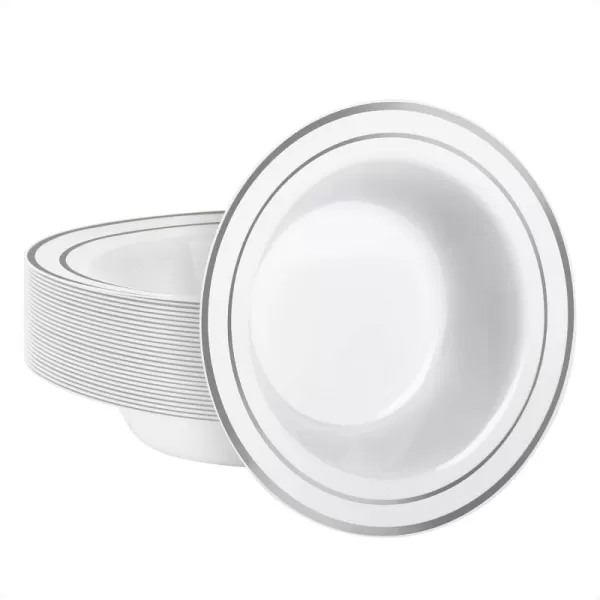 Goodluck 25 Pack Plastic Bowls with Silver Rim, 12oz Disposable Soup Bowls, Heavy Duty Dessert Bowls for Weddings, Parties, Dinners, Catering, and Everyday Use