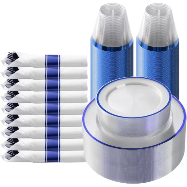 Goodluck 350 Piece Dark Blue Plastic Dinnerware Set for Party, Clear Disposable Plates for 50 Guests, Include: 50 Dinner Plates, 50 Dessert Plates, 50 Pre Rolled Napkins with Cutlery Set, 50 Cups