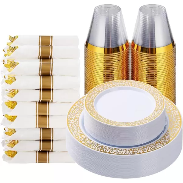 Goodluck 350 Piece Gold Plastic Dinnerware Set for 50 Guests, Disposable Lace Plates for Party, Include: 50 Gold Plates, 50 Dessert Plates Disposable, 50 Pre Napkins with Silverware, 50 Cups