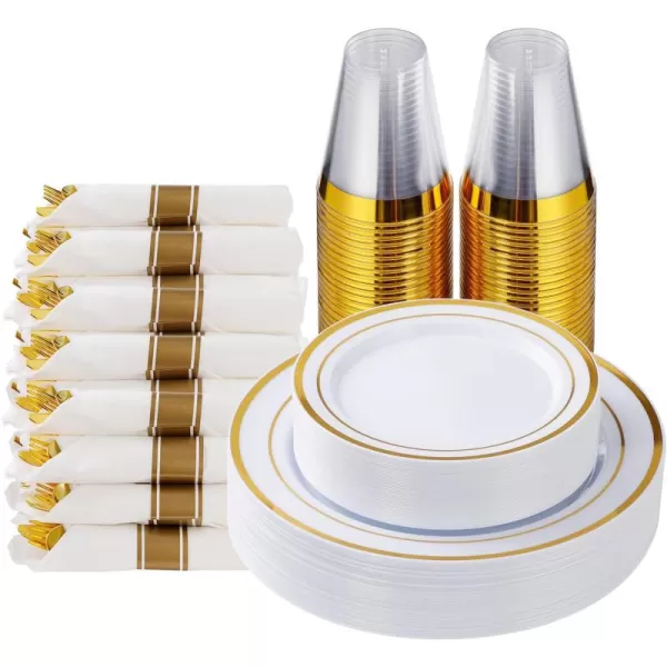 Goodluck 350 Piece Gold Plastic Dinnerware Set for 50 Guests, Fancy Disposable Plates for Party, Include: 50 Dinner Plates, 50 Dessert Plates, 50 Pre Rolled Napkins with Silverware, 50 Cups