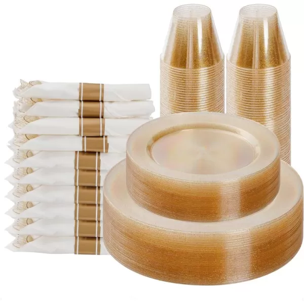 Goodluck 350 Piece Gold Plastic Dinnerware Set for 50 Guests, Fancy Disposable Plates for Party, Include: 50 Dinner Plates, 50 Dessert Plates, 50 Pre Rolled Napkins with Silverware, 50 Cups