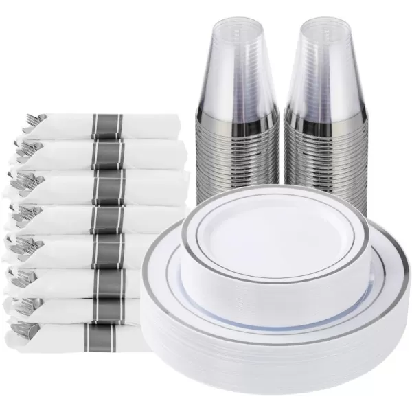 Goodluck 350 Piece Gold Plastic Dinnerware Set for 50 Guests, Fancy Disposable Plates for Party, Include: 50 Dinner Plates, 50 Dessert Plates, 50 Pre Rolled Napkins with Silverware, 50 Cups