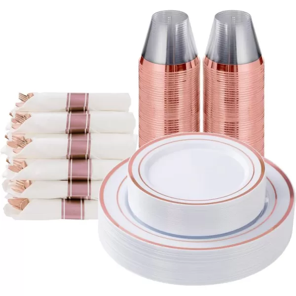 Goodluck 350 Piece Gold Plastic Dinnerware Set for 50 Guests, Fancy Disposable Plates for Party, Include: 50 Dinner Plates, 50 Dessert Plates, 50 Pre Rolled Napkins with Silverware, 50 Cups