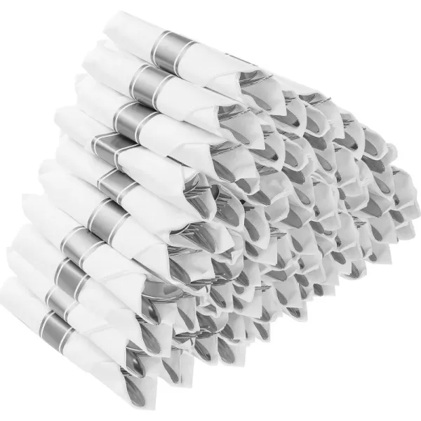 Goodluck 50 Pack Pre Rolled Gold Plastic Silverware, Wrapped Plastic Cutlery Set with Napkin Include 50 Forks, 50 Knives, 50 Spoons and 50 Napkins, Fancy Disposable Silverware for Party, Wedding