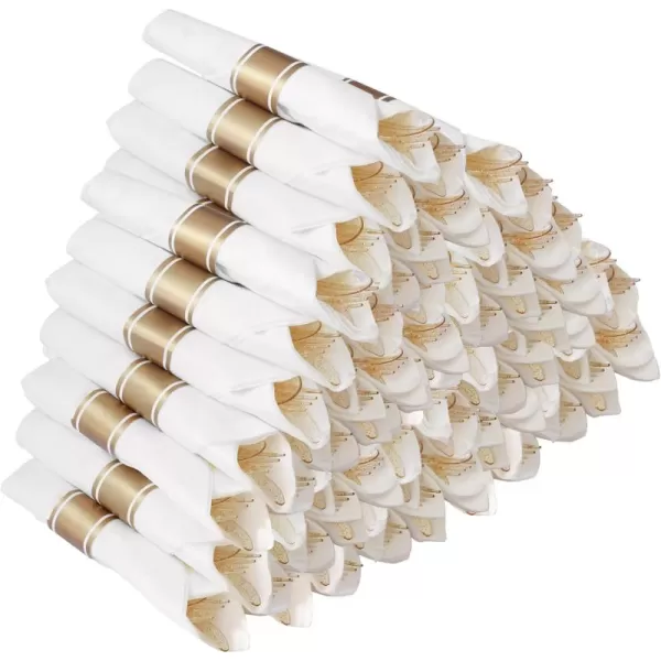 Goodluck 50 Pack Pre Rolled Gold Plastic Silverware, Wrapped Plastic Cutlery Set with Napkin Include 50 Forks, 50 Knives, 50 Spoons and 50 Napkins, Fancy Disposable Silverware for Party, Wedding