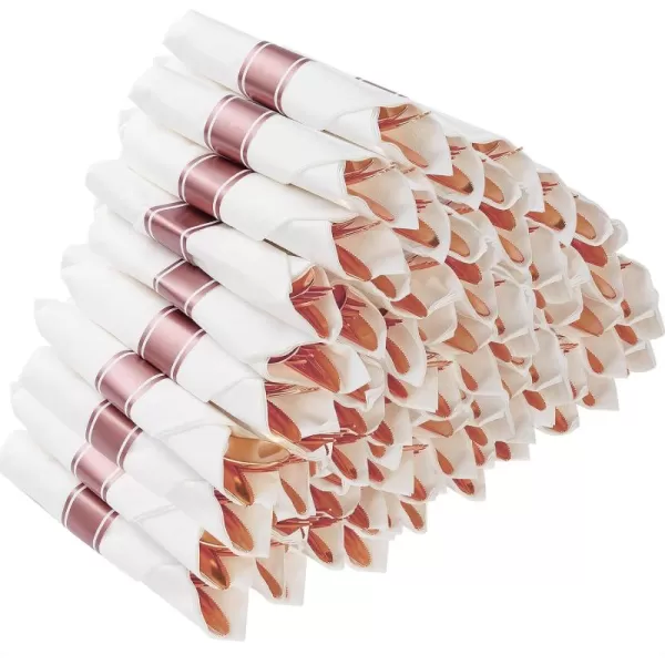 Goodluck 50 Pack Pre Rolled Gold Plastic Silverware, Wrapped Plastic Cutlery Set with Napkin Include 50 Forks, 50 Knives, 50 Spoons and 50 Napkins, Fancy Disposable Silverware for Party, Wedding