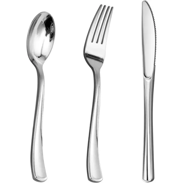 Goodluck 500 Silver Plastic Silverware, Silver Utensil Disposable, Plastic Cutlery Set of 200 Forks, 150 Spoons, 150 Knives for Wedding, Party