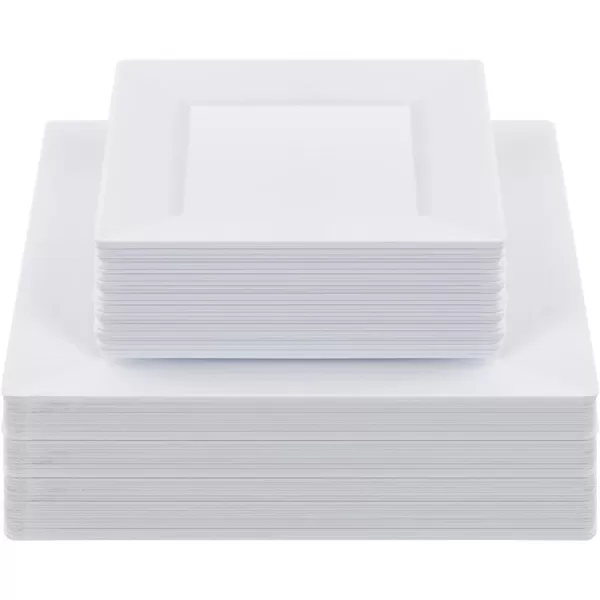 Goodluck 60 Pack Disposable Square Plastic Plates, Heavy Duty 30pcs Dinner Plates 9.5" and 30pcs Dessert Plates 6.5", Fancy Disposable Plates for Wedding, Holiday Party, Birthday, White