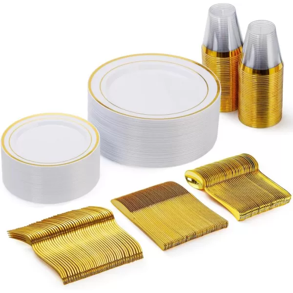 Goodluck 600 Pieces Gold Disposable Plates for 100 Guests, Plastic Plates for Party, Dinnerware Set of 100 Dinner Plates, 100 Salad Plates, 100 Spoons, 100 Forks, 100 Knives, 100 Cups