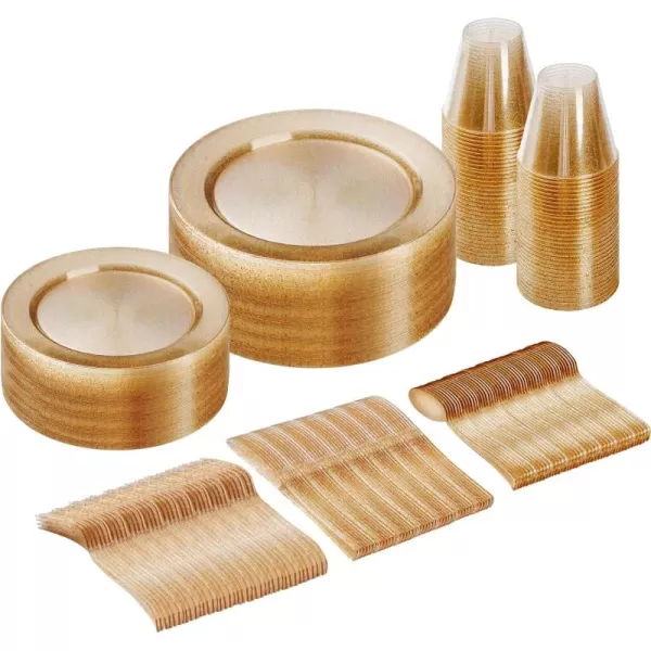 Goodluck 600 Pieces Gold Disposable Plates for 100 Guests, Plastic Plates for Party, Dinnerware Set of 100 Dinner Plates, 100 Salad Plates, 100 Spoons, 100 Forks, 100 Knives, 100 Cups