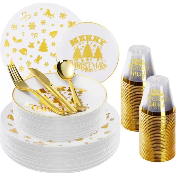 Goodluck 600 Pieces Gold Disposable Plates for 100 Guests, Plastic Plates for Party, Dinnerware Set of 100 Dinner Plates, 100 Salad Plates, 100 Spoons, 100 Forks, 100 Knives, 100 Cups)