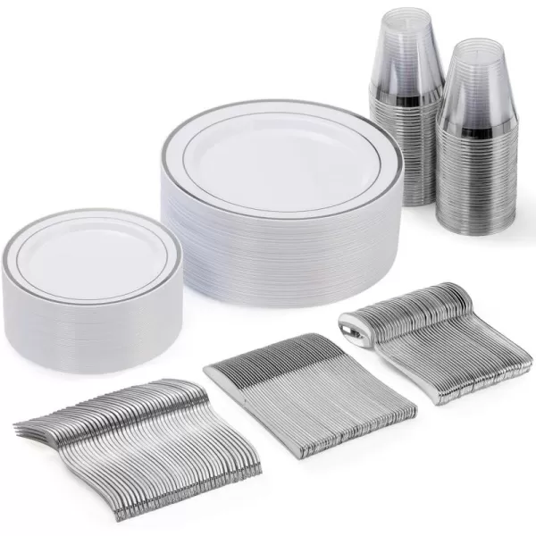 Goodluck 600 Pieces Gold Disposable Plates for 100 Guests, Plastic Plates for Party, Dinnerware Set of 100 Dinner Plates, 100 Salad Plates, 100 Spoons, 100 Forks, 100 Knives, 100 Cups