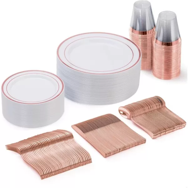 Goodluck 600 Pieces Gold Disposable Plates for 100 Guests, Plastic Plates for Party, Dinnerware Set of 100 Dinner Plates, 100 Salad Plates, 100 Spoons, 100 Forks, 100 Knives, 100 Cups