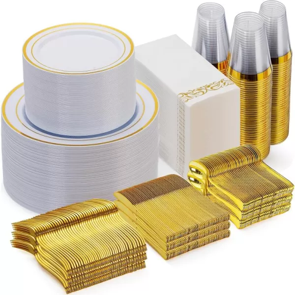 Goodluck 700 Piece Rose Gold Dinnerware Set for 100 Guests, Plastic Plates Disposable for Party, Include: 100 Dinner Plates, 100 Dessert Plates, 100 Paper Napkins, 100 Cups, 100 Silverware Set