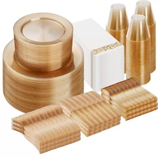 Goodluck 700 Piece Rose Gold Dinnerware Set for 100 Guests, Plastic Plates Disposable for Party, Include: 100 Dinner Plates, 100 Dessert Plates, 100 Paper Napkins, 100 Cups, 100 Silverware Set