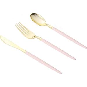 image:imageGoodluck 150 Pcs Pink Gold Plastic Silverware Heavy Duty Disposable Cutlery Set for 30 Guests Includes 50 Forks 50 Knives 50 Spoons Plastic Utensils Perfect for Wedding Birthday Party GraduationPink